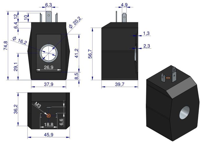 Zavojnica, solenoidni ventil, 16 mm, 30 W, 12V DC