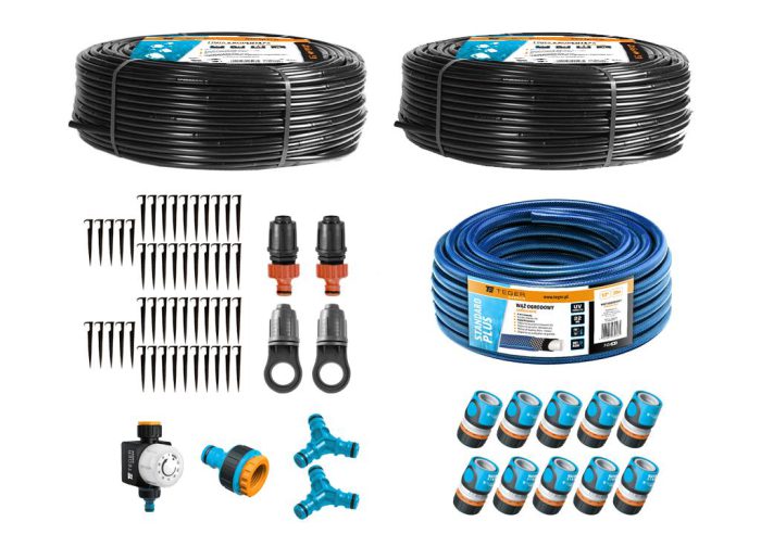 Set za navodnjavanje kapanjem PROFESSIONAL 100 m s kompenzacijom (2 cijevi kapanjem, crijevo 20 m, brze spojnice) / TEGER