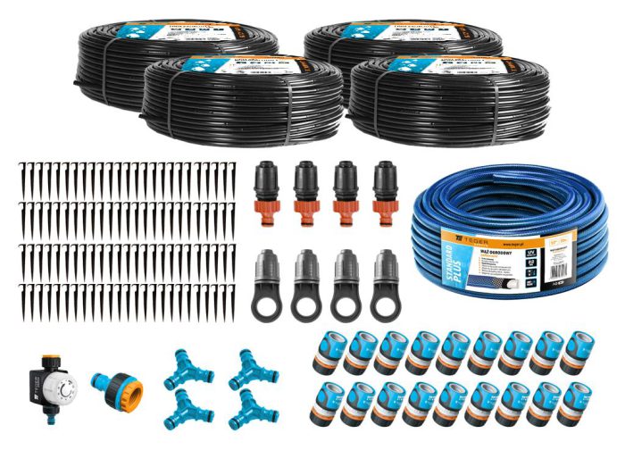 Set za navodnjavanje kapanjem PROFESSIONAL 200 m s kompenzacijom (4 cijevi kapanjem, crijevo 20 m, brze spojnice) / TEGER