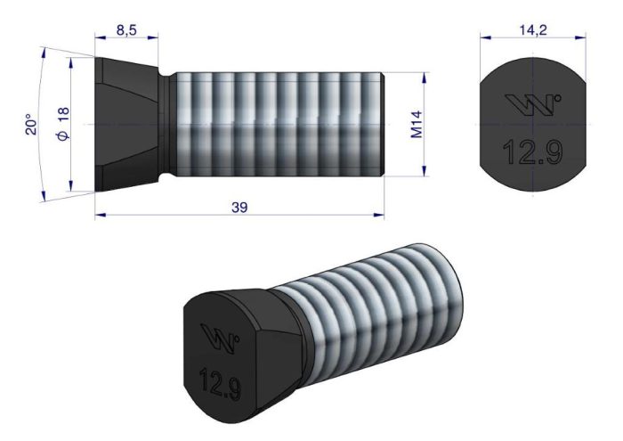 Vijak, ravni C-uvučeni četvrtasti vrat, ovalni, M14x39 mm, 12.9, upotreba: Vogel & Knoot, Waryński, M14X39OV2VN (prodaje se u jedinicama od 25 kom.)