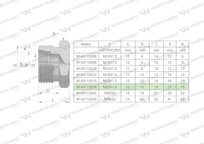 Hidraulični čep, metrički (na ključu) M26x1.5 18L Waryński (prodaje se u jedinicama od 5 kom.)