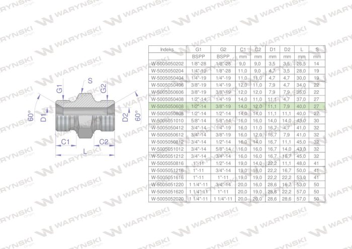 Hidraulički redukcijski priključak, inčni BB 3/8" x 1/2" BSP Waryński (prodaje se u jedinicama od 10 kom.)