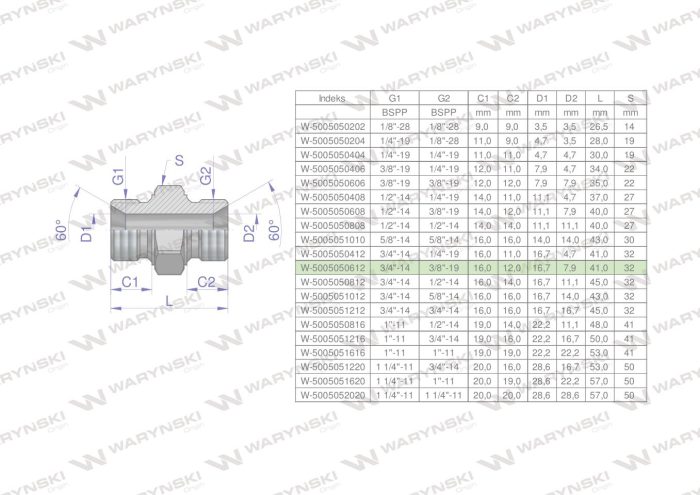 Hidraulički redukcijski priključak, inčni BB 3/8" x 3/4" BSP Waryński (prodaje se u jedinicama od 2 kom.)