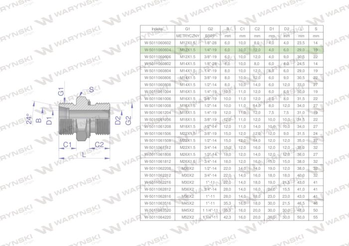 Hidraulički konektor (XGE) M12x1,5 06L x 1/4" BSP ED Waryński (prodaje se u jedinicama od 5 kom.)