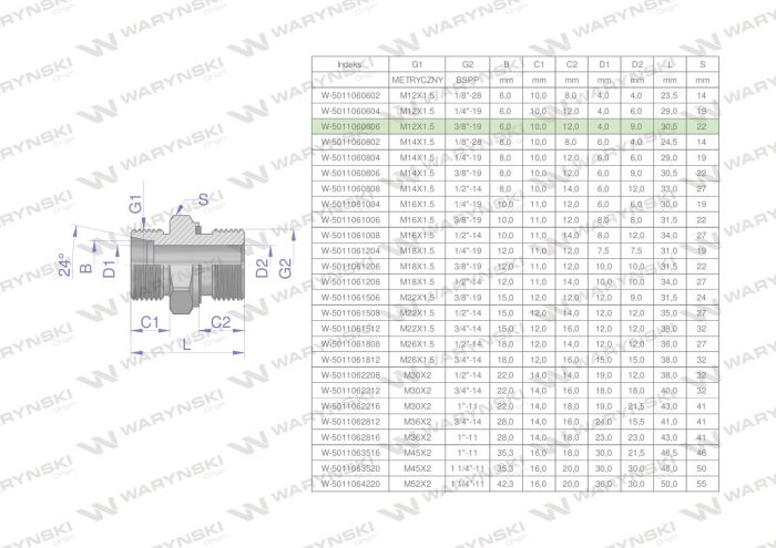Hidraulički konektor (XGE) M12x1,5 06L x 3/8" BSP ED Waryński (prodaje se u jedinicama od 5 kom.)