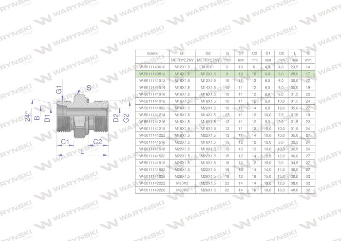 Hidraulički konektor BB (XGE) M14x1.5 08L x M12x1.5 ED Waryński (prodaje se u jedinicama od 5 kom.)