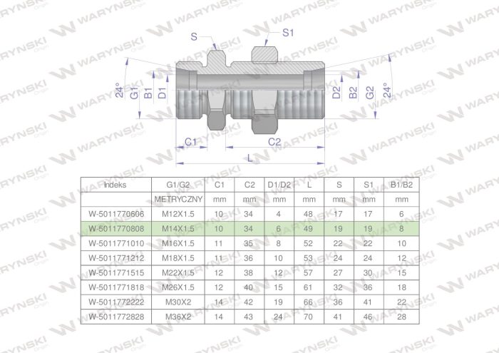 Hidraulični pregradni konektor s protumaticom, metrički BB M14x1.5 08L (XSV) Waryński (prodaje se u jedinicama od 2 kom.)
