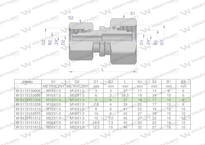 Hidraulički konektor, metrički AA M16x1,5 10L x M14x1,5 08L Waryński (prodaje se u jedinicama od 2 kom.)