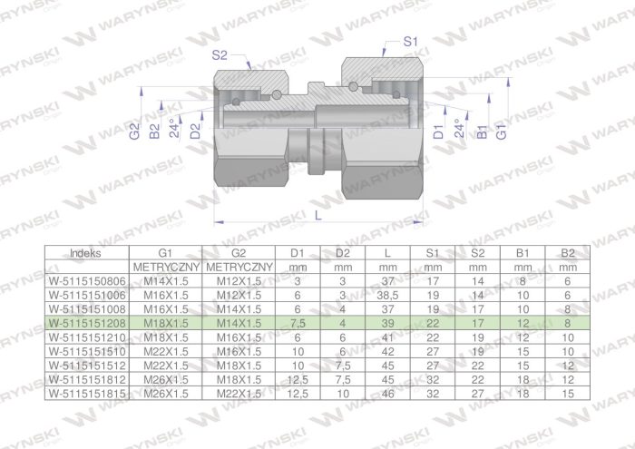 Hidraulički konektor, metrički AA M18x1,5 12L x M14x1,5 08L Waryński (prodaje se u jedinicama od 2 kom.)