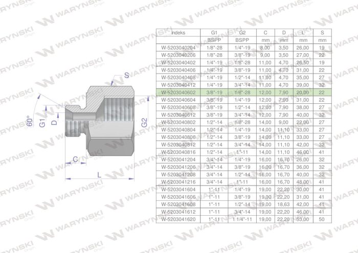 Hidraulički priključak AB 3/8"GZ x 1/8"GW BSP Waryński (prodaje se u jedinicama od 2 kom.)