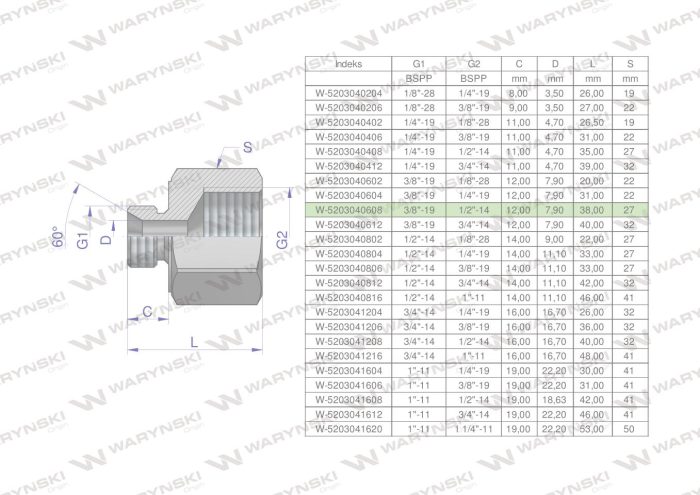 Hidraulički priključak AB 3/8"GZ x 1/2"GW BSP Waryński (prodaje se u jedinicama od 2 kom.)