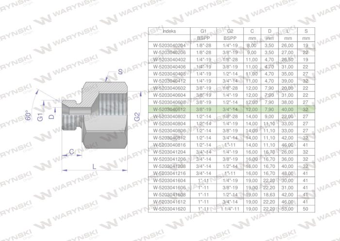 Hidraulički priključak AB 3/8"GZ x 3/4"GW BSP Waryński (prodaje se u jedinicama od 2 kom.)