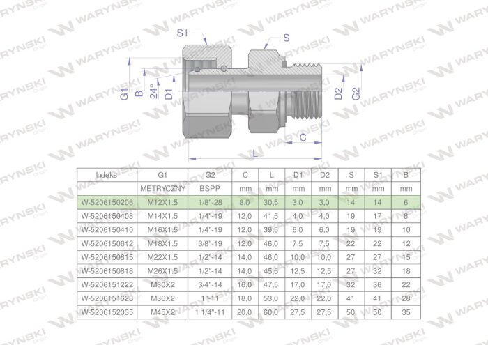 Hidraulički konektor (EVGE) M12x1.5 06L x 1/8" BSP ED Waryński (prodaje se u jedinicama od 2 kom.)