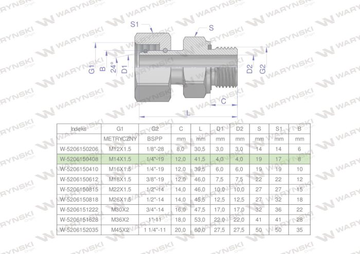 Hidraulički konektor (EVGE) M14x1.5 08L x 1/4" BSP ED Waryński (prodaje se u jedinicama od 2 kom.)