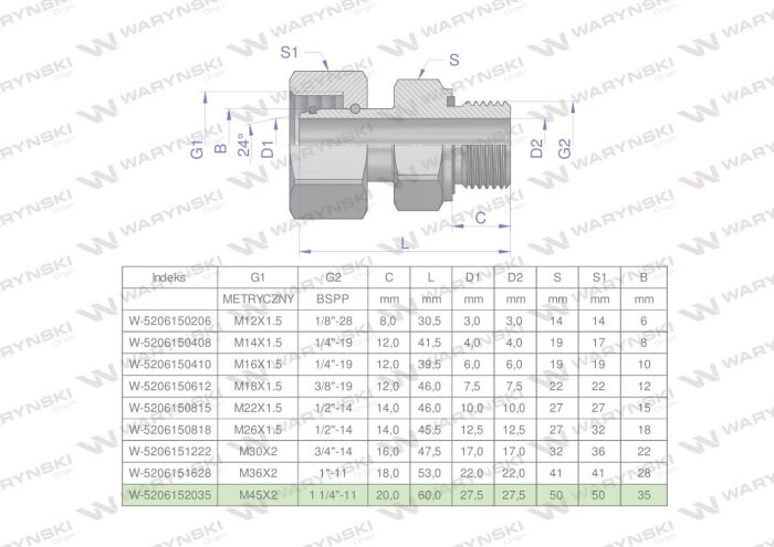 Hidraulički konektor (EVGE) M45x2 35L x 1 1/4" BSP ED Waryński