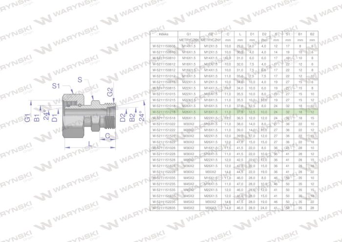 Hidraulički konektor, metrički AB (XKOR) A-M26x1.5 18L / B-M18x1.5 12L Waryński
