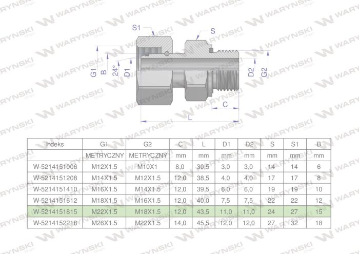 Hidraulički konektor AB (EVGE) M22x1.5 15L x M18x1.5 ED Waryński (prodaje se u jedinicama od 2 kom.)