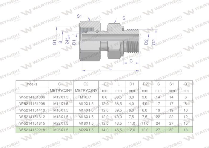 Hidraulički konektor AB (EVGE) M26x1.5 18L x M22x1.5 ED Waryński (prodaje se u jedinicama od 2 kom.)